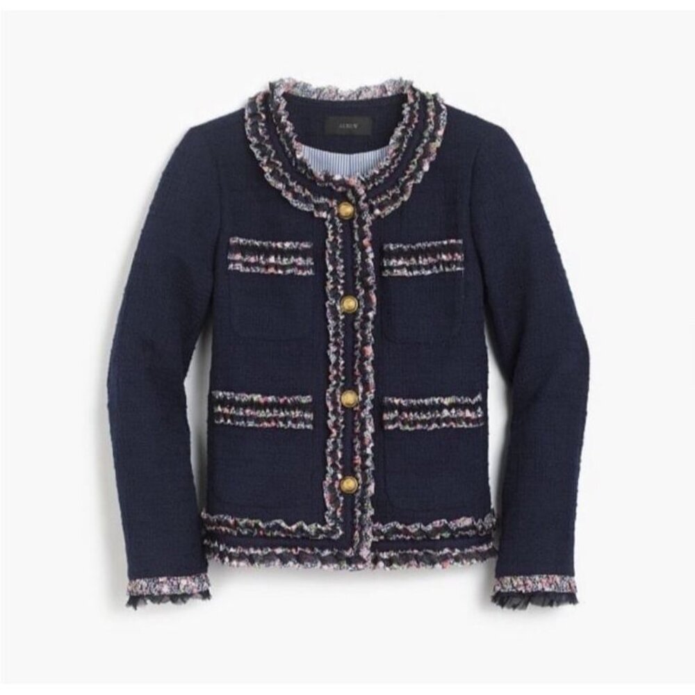 J Crew Lady Jacket Blazer Liberty London Floral Trim Tweed Navy Womens 0 - Picture 3 of 11